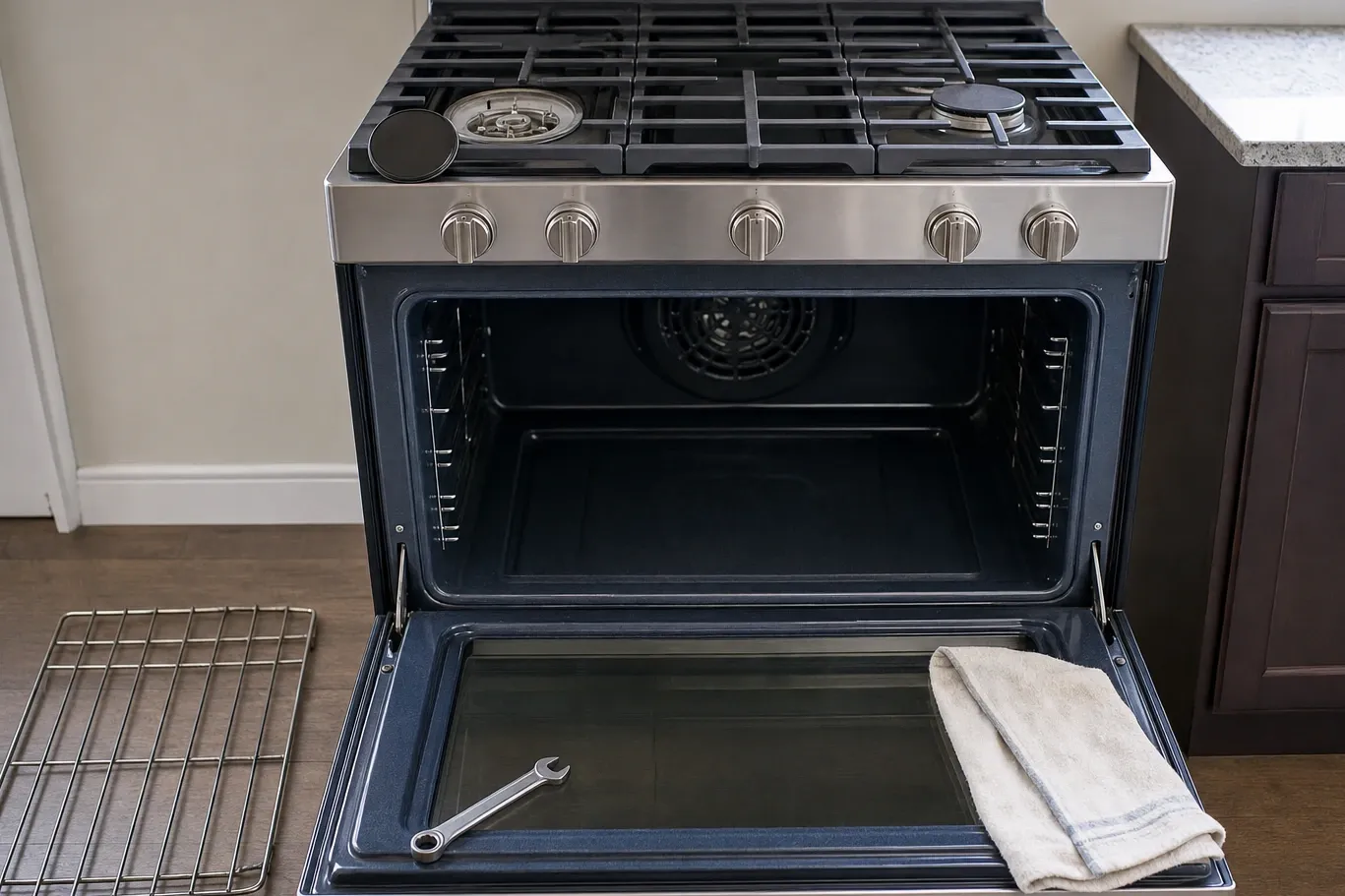 Stainless gas range with the oven door open, an open-end wrench lying on the door glass and a rack on the floor