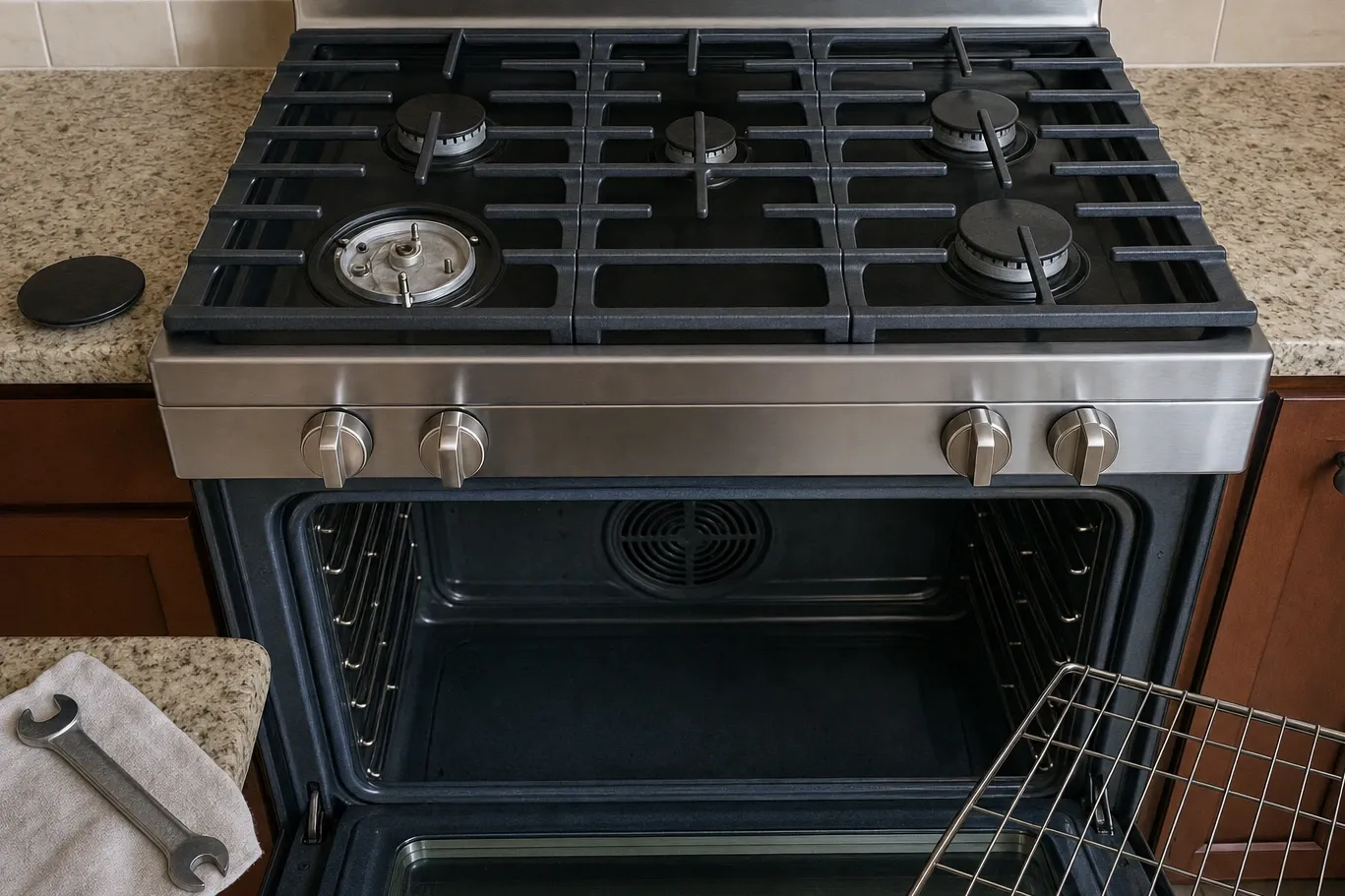 Overhead view of a five-burner gas cooktop on cast-iron grates, one burner cap lifted off to expose the base