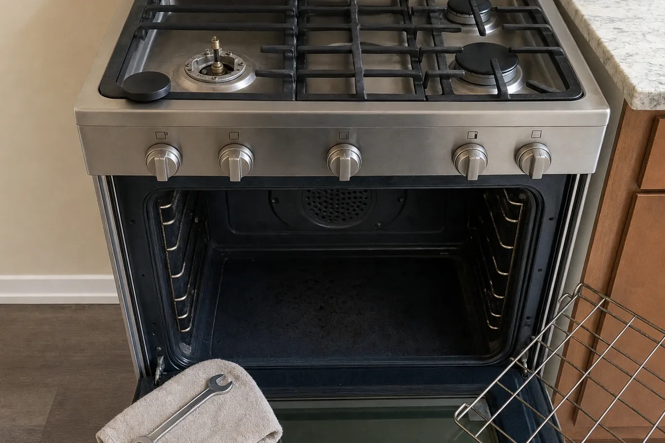 Front view of a stainless gas range, oven door open, one cooktop burner stripped down to its base and igniter