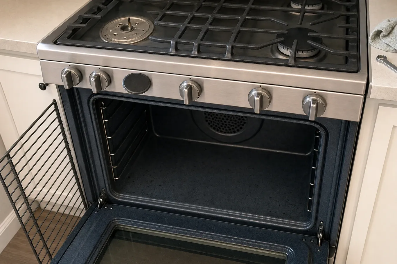 Stainless gas range with a burner cap removed, oven door open and a black oven rack leaning on the cabinet