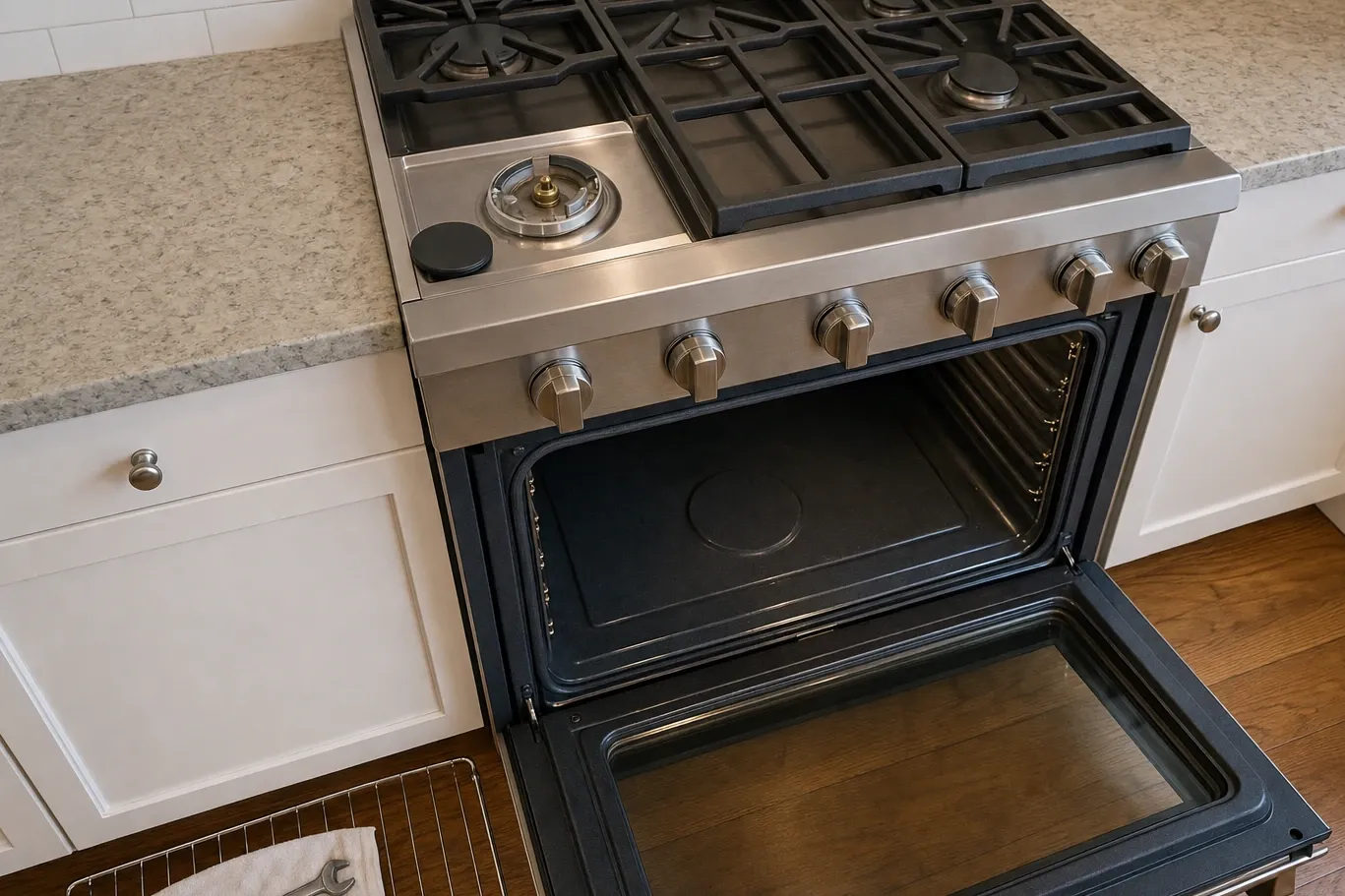 Gas range in a kitchen with white shaker cabinets, a small sealed burner exposed and its brass orifice visible