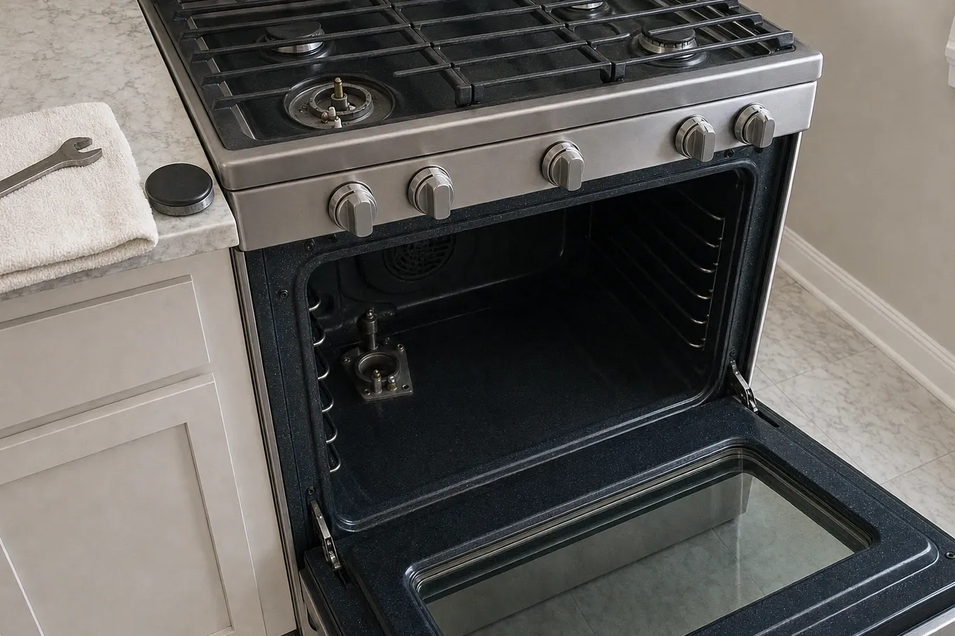 Open oven cavity seen from above, the bake burner and its igniter bracket exposed low on the cavity wall