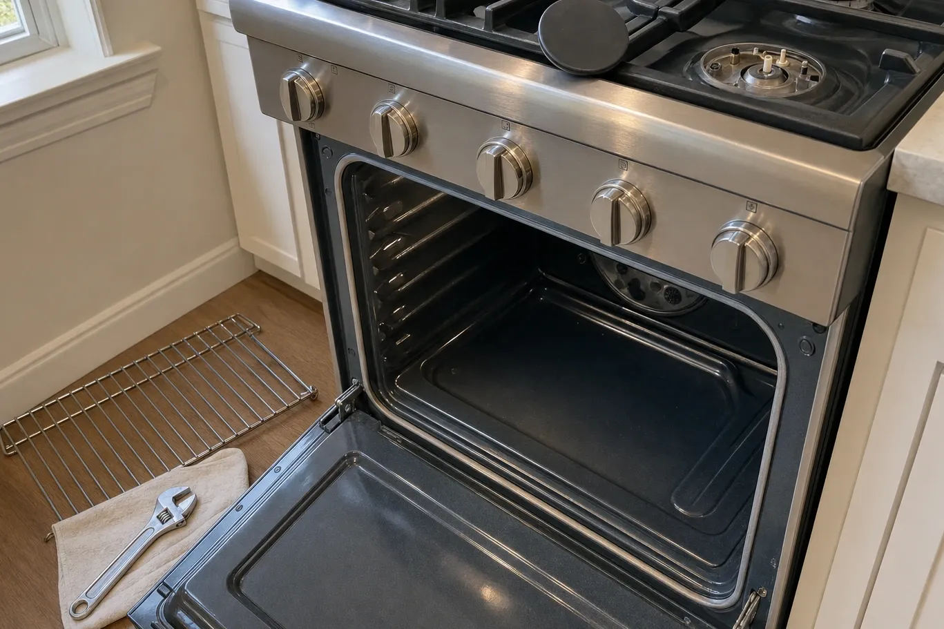 Oven cavity open beside a window, the round convection fan cover at the back and a cooktop burner taken apart