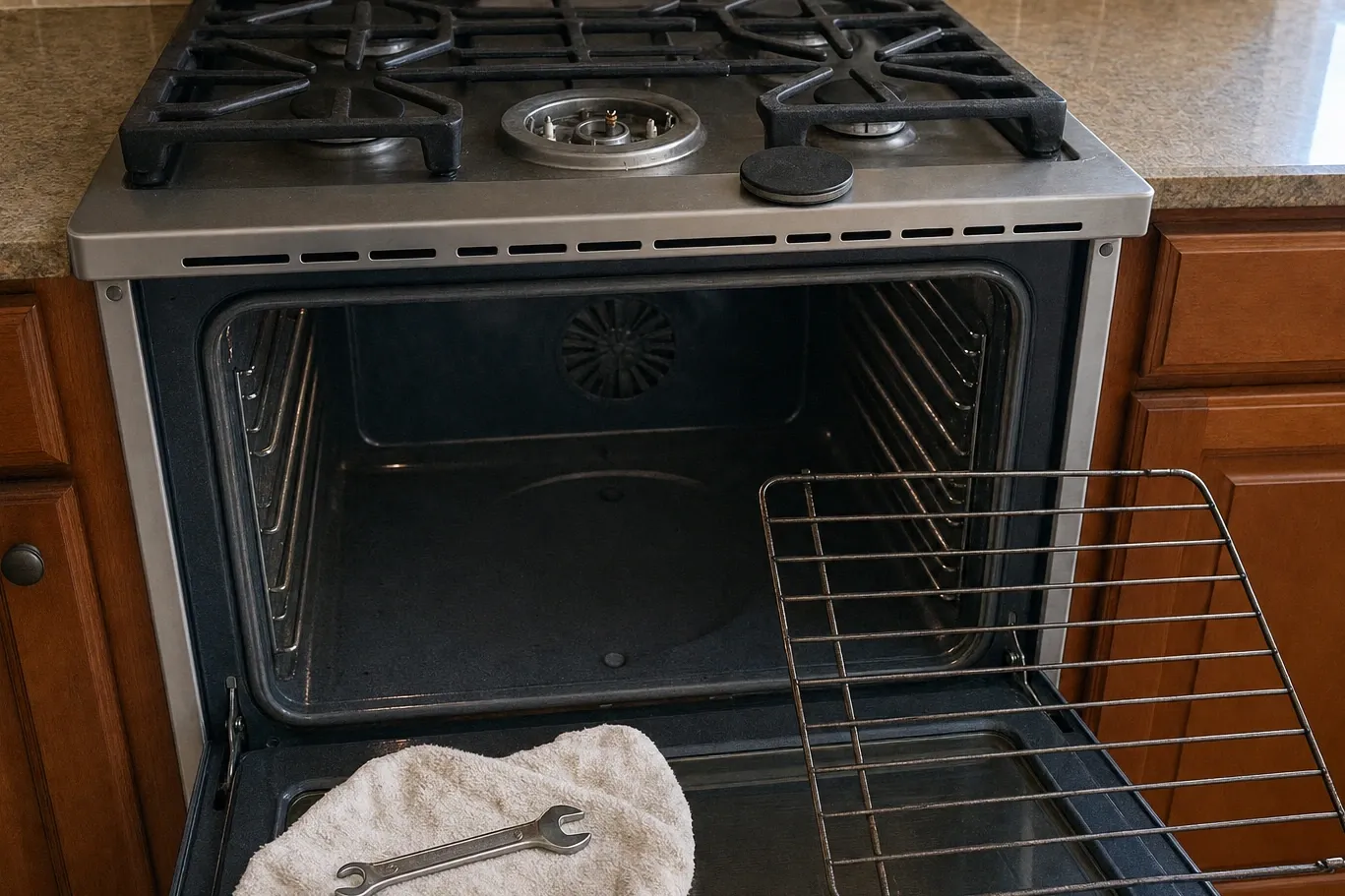Cast-iron cooktop grates with the centre burner fully exposed and its electrode visible, rack on the open door